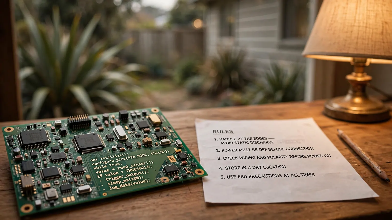 Circuit board beside a printed rules sheet on a wooden desk under a lamp.
