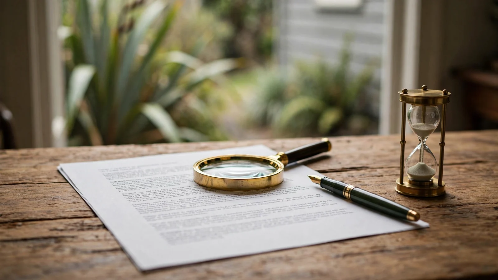 Magnifying glass on a printed contract page beside an hourglass.