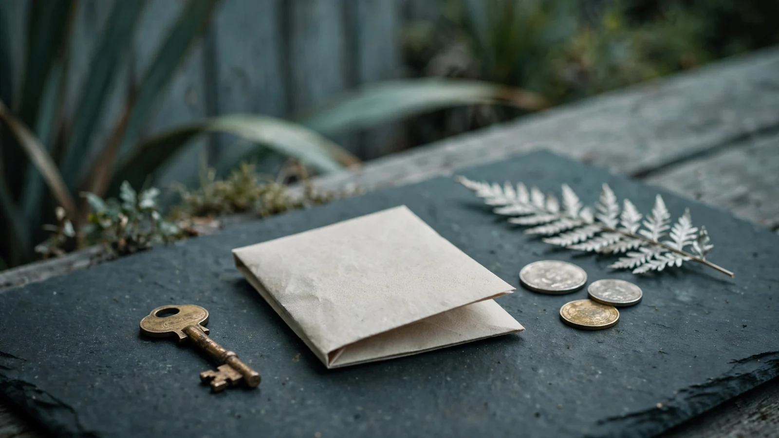 Brass key beside a folded letter and a silver fern leaf on slate.